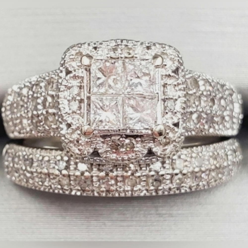 14k White Gold Diamond Engagement Ring & Wedding Band Bridal Set